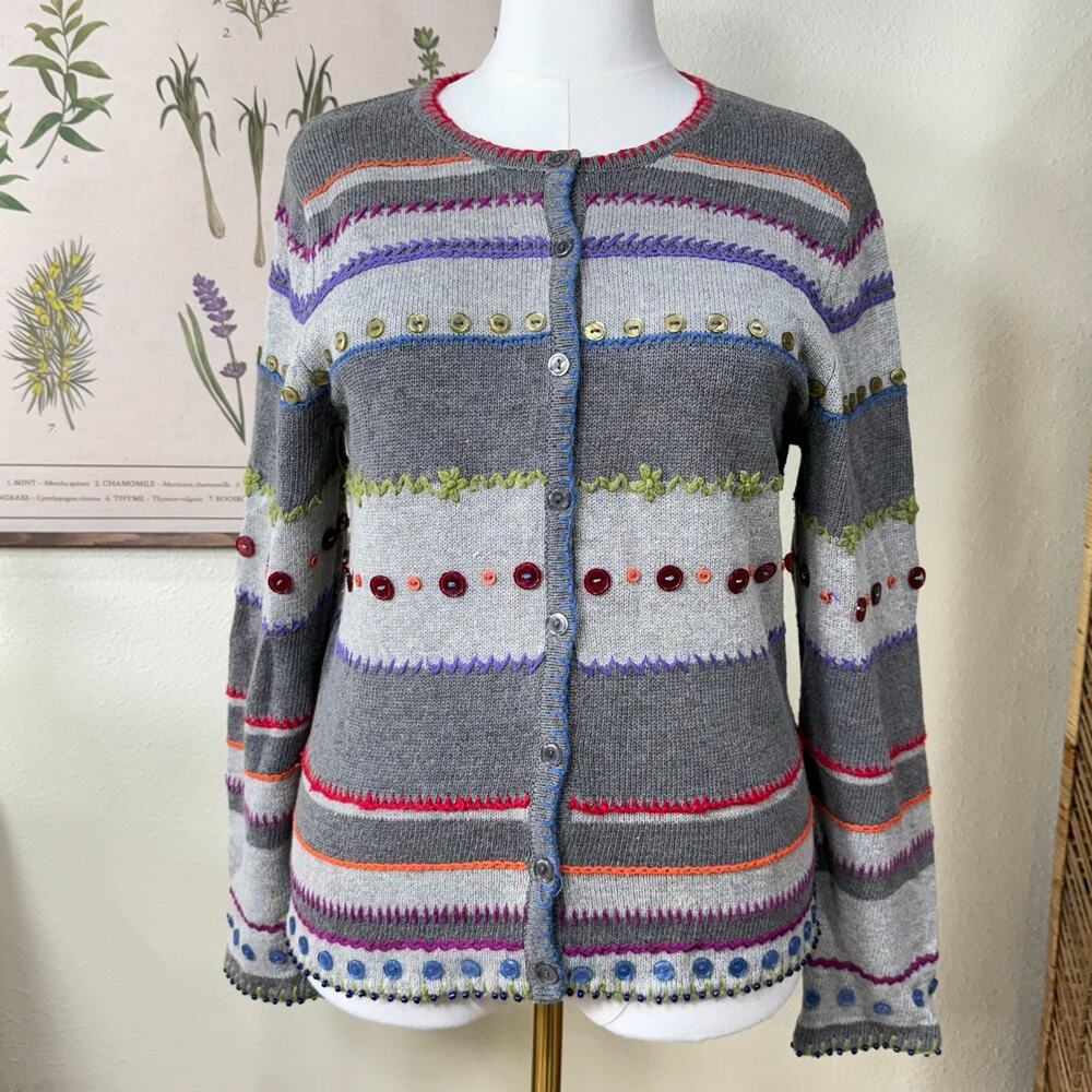 Y2k Embroidered Button Beaded Striped Cardigan Sweater Whimsy Twee Art Teacher M